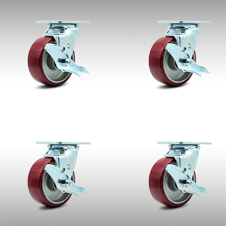 Stainless Steel Polyurethane on Aluminum Swivel Caster w/Main. Free Bearings Set of 4 w/5" x 2" Maroon Wheels - Includes 4 Swivel w/Top Lock Brakes - 3600 lbs Total Capacity - Service Caster Brand